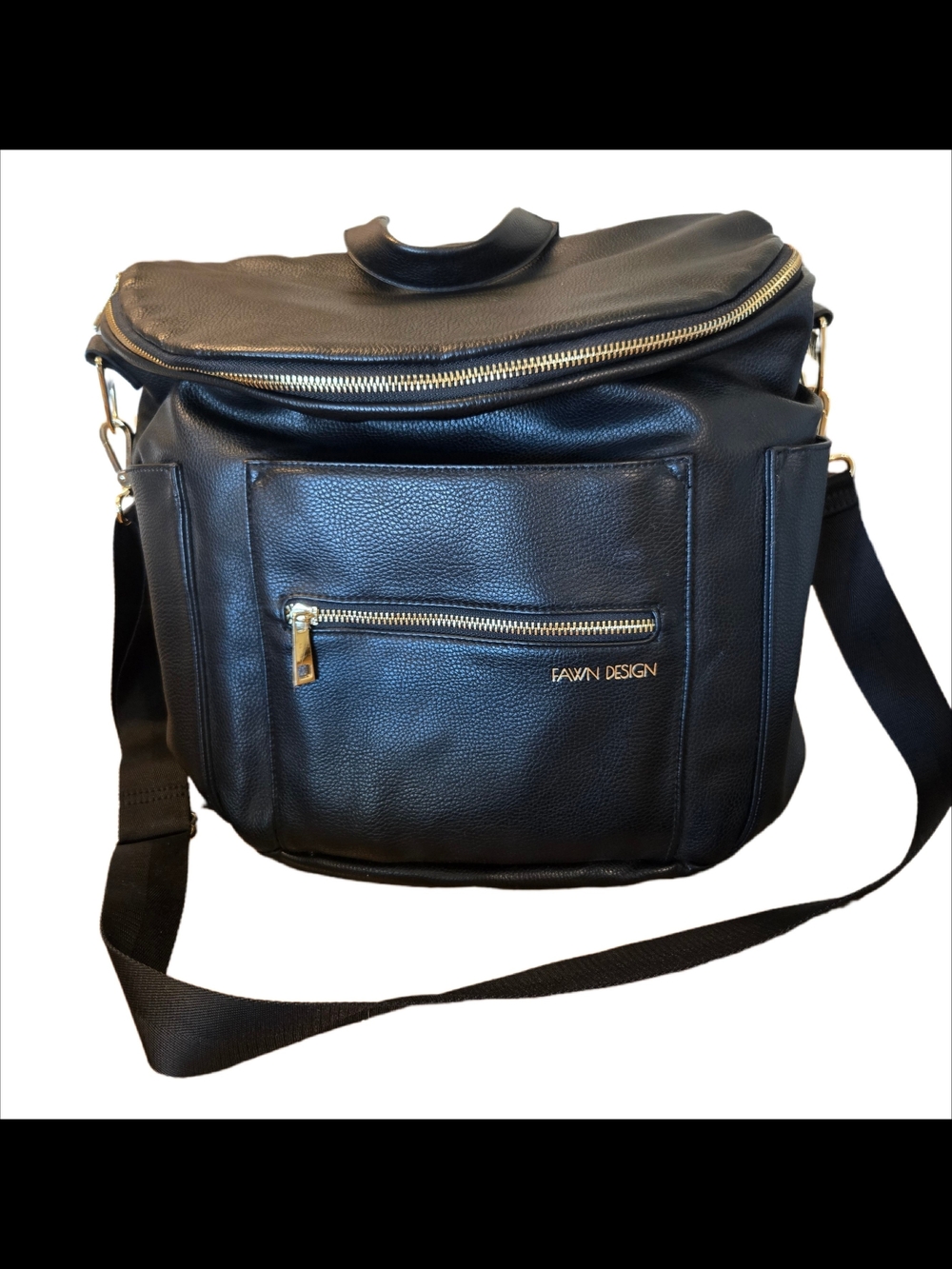 Fawn Design Black Leather Diaper Bag with Gold Hardware